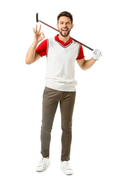 Bonito golfista masculino mostrando OK no fundo branco — Fotografia de Stock