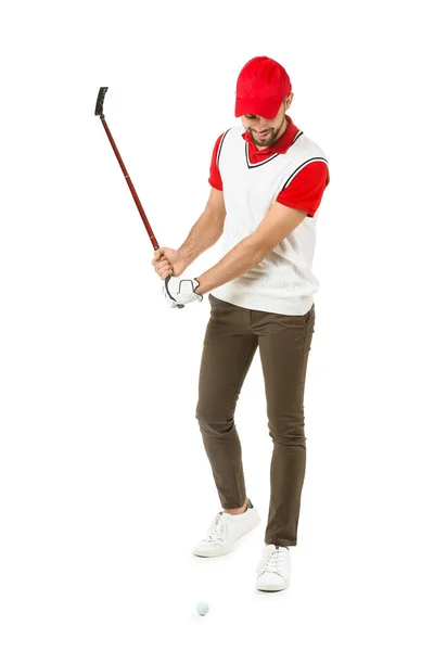 Bonito golfista masculino no fundo branco — Fotografia de Stock