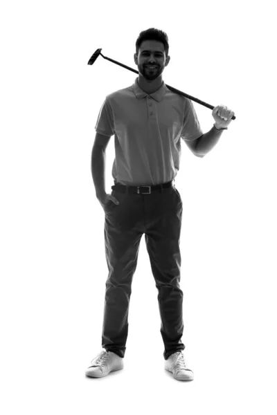 Silhueta de golfista masculino bonito no fundo branco — Fotografia de Stock