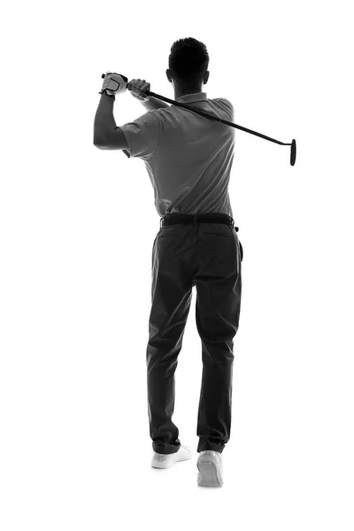 Silhouette of handsome male golfer on white background — Stock Photo, Image