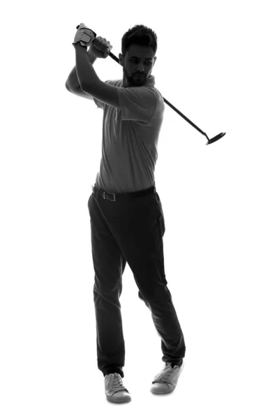 Silhueta de golfista masculino bonito no fundo branco — Fotografia de Stock