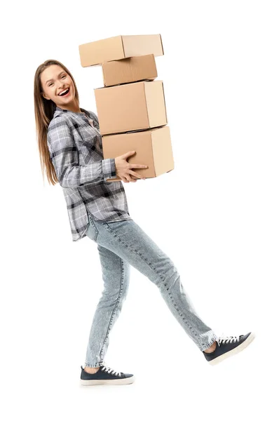 Young woman with moving boxes on white background — Stock Photo, Image