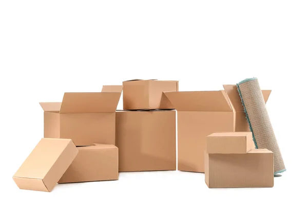 Heap of moving boxes on white background — Stock Photo, Image