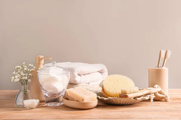 Set of bath accessories on wooden table — Stock Photo, Image