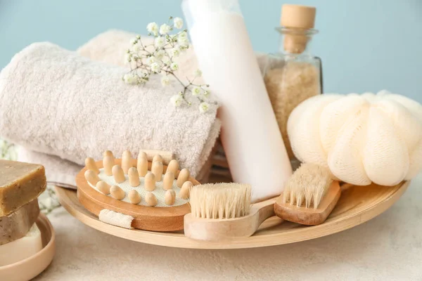 Set of bath accessories on white table — Stock Photo, Image