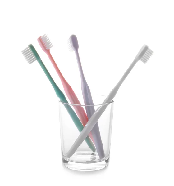 Holder with tooth brushes on white background — Stock Photo, Image