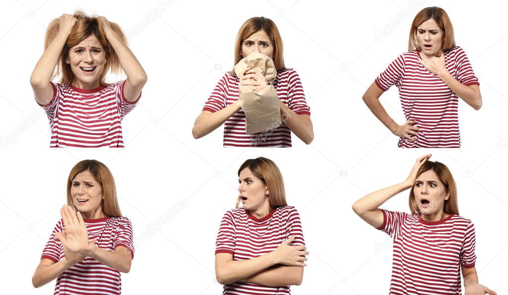 Set of woman having panic attack on white background