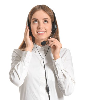 Beyaz arka planda kadın teknik destek aracı