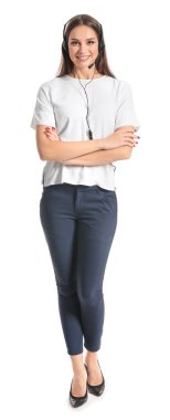 Beyaz arka planda kadın teknik destek aracı