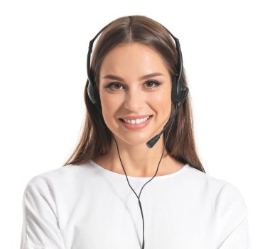 Beyaz arka planda kadın teknik destek aracı