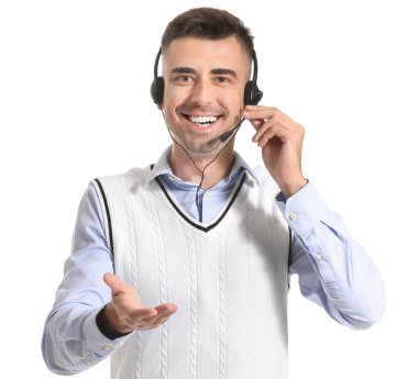 Beyaz arkaplanda erkek teknik destek aracı