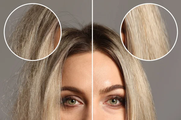 Γυναίκα πριν και μετά την επεξεργασία των μαλλιών σε γκρι φόντο — Φωτογραφία Αρχείου