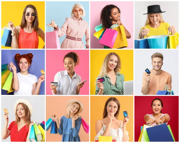 Collage of different people with shopping bags and credit cards on color background — 스톡 사진