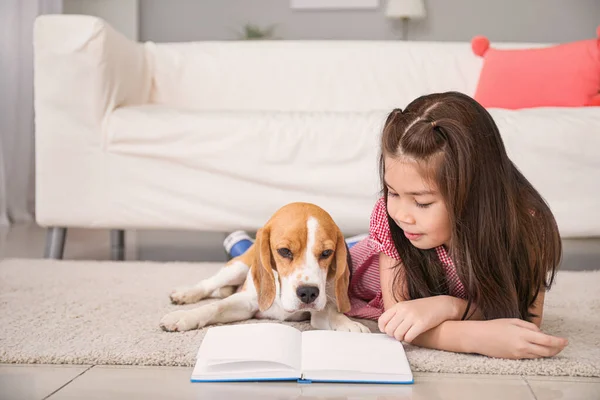 Kis ázsiai lány aranyos beagle kutya olvasás könyv otthon — Stock Fotó