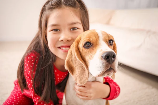 Menina asiática com cão beagle bonito em casa — Fotografia de Stock