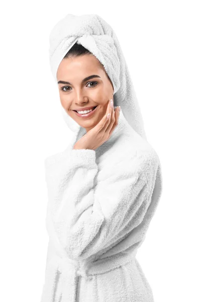 Beautiful young woman after shower on white background — Stock Photo, Image