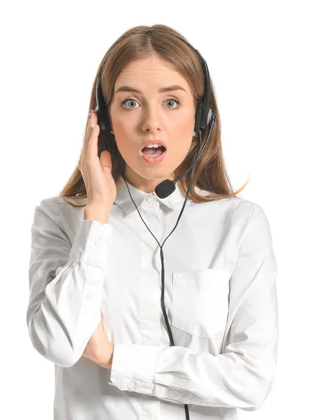 Shocked female technical support agent on white background — Stock Photo, Image