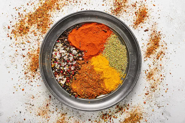 Tray with different spices on white table — Stock Photo, Image