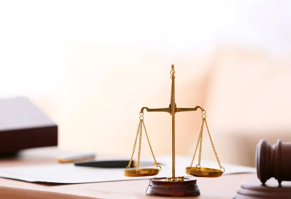Scales of justice on lawyer's workplace — Stock Photo, Image