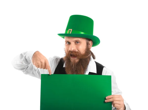 Bearded man with blank poster on white background. St. Patrick's Day celebration — Stock Photo, Image