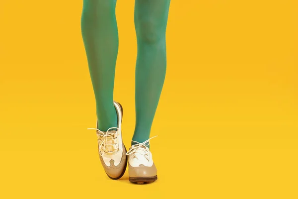 Legs of young woman in stylish shoes and tights on color background — Stock Photo, Image