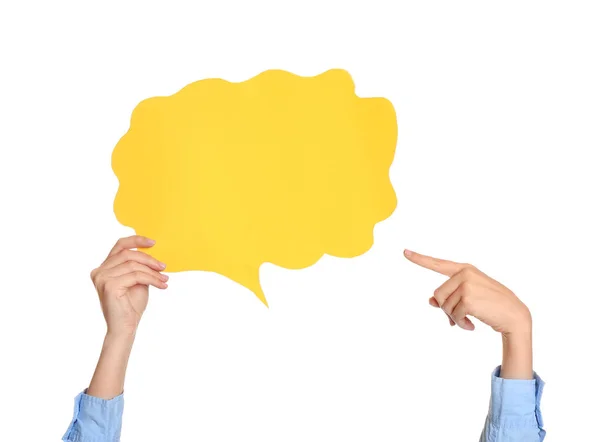 Female hands with blank speech bubble on white background — Stock Photo, Image