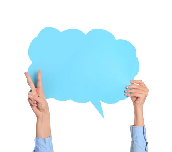 Female hands with blank speech bubble on white background — Stock Photo, Image