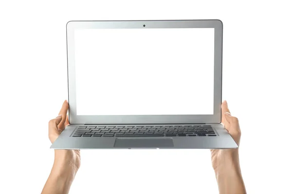 Mãos femininas com laptop moderno no fundo branco — Fotografia de Stock