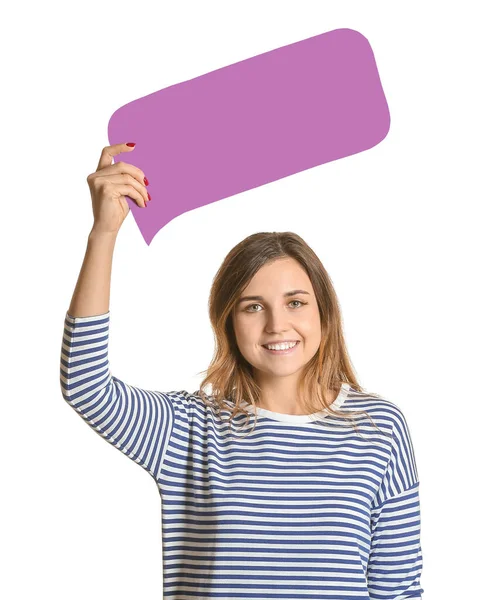 Jonge vrouw met lege tekstballon op witte achtergrond — Stockfoto