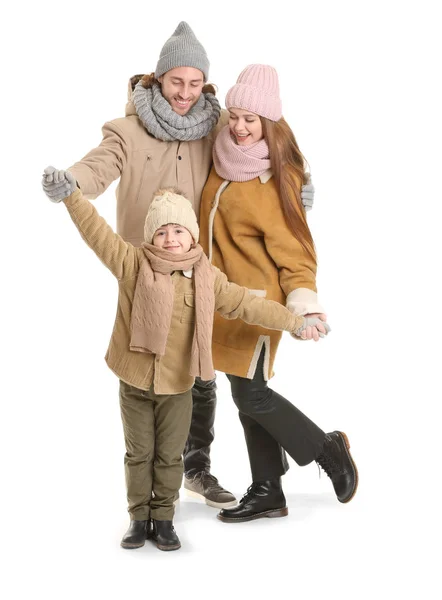 Familia feliz en ropa de invierno sobre fondo blanco —  Fotos de Stock