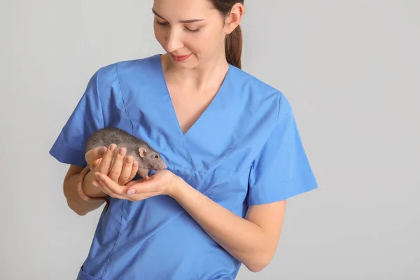 Kvinna veterinär med söt råtta på ljus bakgrund — Stockfoto
