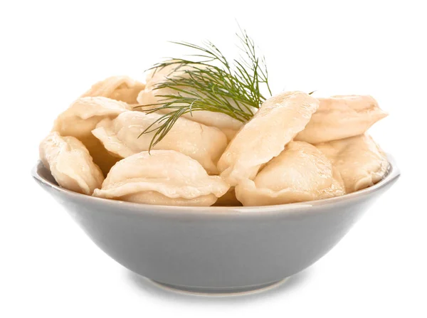 Bowl with tasty dumplings on white background — Stock Photo, Image