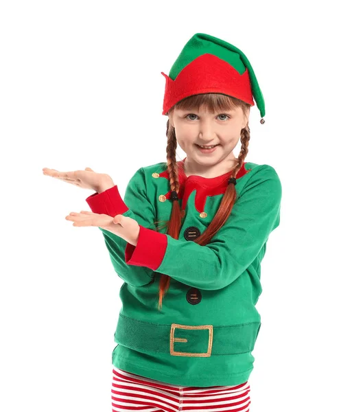 Kleines Mädchen im Elfenkostüm zeigt etwas auf weißem Hintergrund — Stockfoto