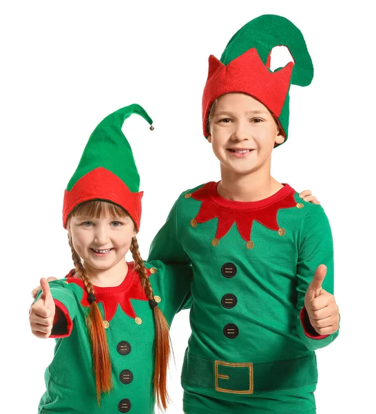 Kleine Kinder im Elfenkostüm zeigen Daumen-hoch-Geste auf weißem Hintergrund — Stockfoto