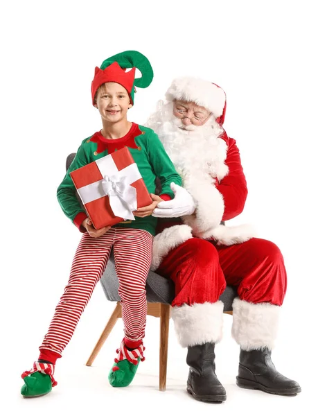 Mikulás és kis manó gyerek ajándék fehér háttér — Stock Fotó