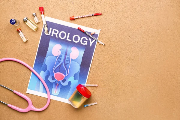 Papier blad met foto van urogenitale systeem, medicijnen en stethoscoop op kleur achtergrond — Stockfoto