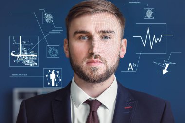 Biyometrik kimlik doğrulaması olan genç bir iş adamı. Veri koruması kavramı