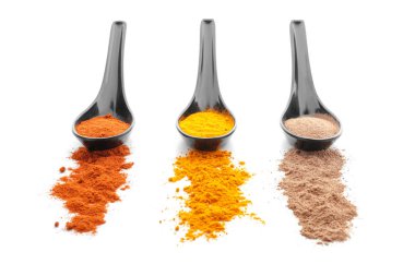 Beyaz arka planda farklı baharatlı kaşıklar