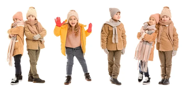 Set of children in winter clothes on white background — 스톡 사진