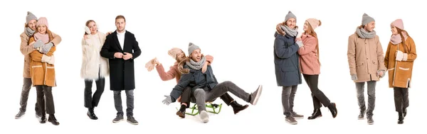 Set of people in winter clothes on white background — Stock Photo, Image