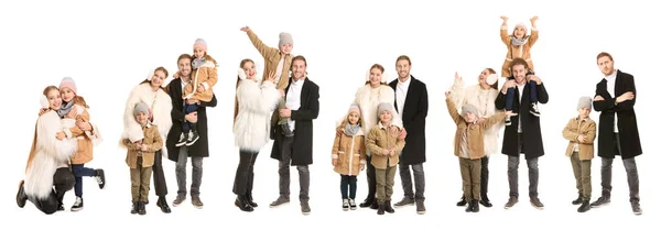 Комплект семьи в зимней одежде на белом фоне — стоковое фото
