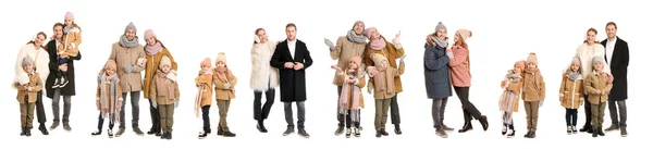 Conjunto de família em roupas de inverno no fundo branco — Fotografia de Stock