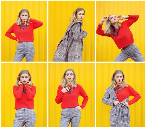 Set of fashionable young woman on color background — Stock Photo, Image