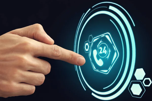 Man using virtual call center screen against dark background