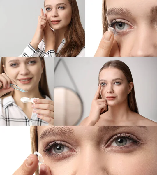 Collage de fotos con la mujer joven poniendo en la lente de contacto — Foto de Stock