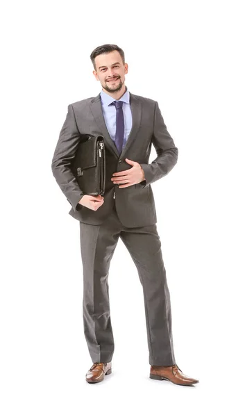 Portret przystojnego biznesmena z walizką na białym tle — Zdjęcie stockowe