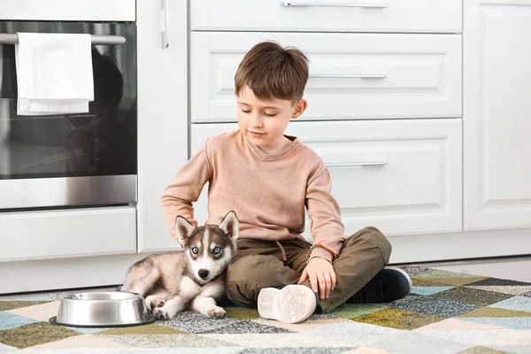 Menino com filhote de cachorro descascado bonito e tigela para comida na cozinha — Fotografia de Stock