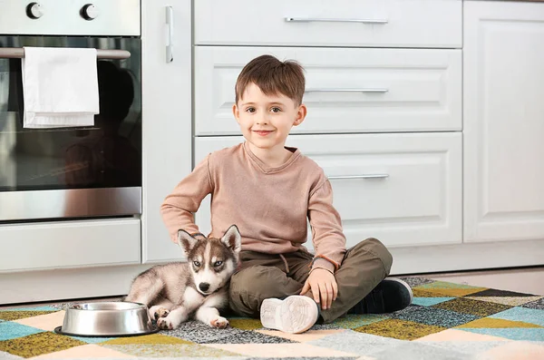 Menino com filhote de cachorro descascado bonito e tigela para comida na cozinha — Fotografia de Stock