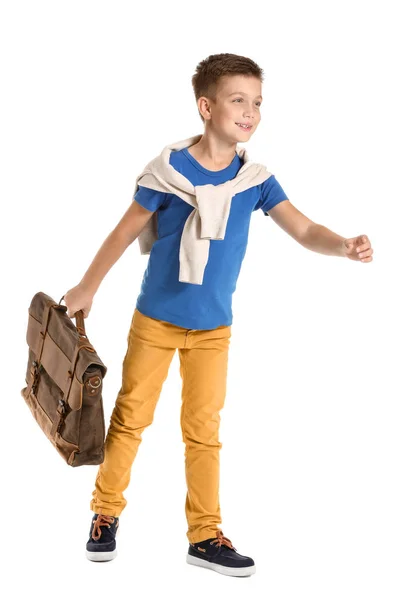 Cute fashionable boy with briefcase on white background — Stock Photo, Image