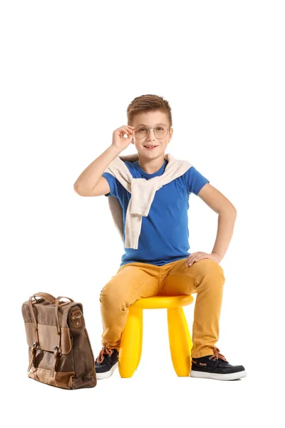 Cute fashionable boy with briefcase on white background — Stock Photo, Image